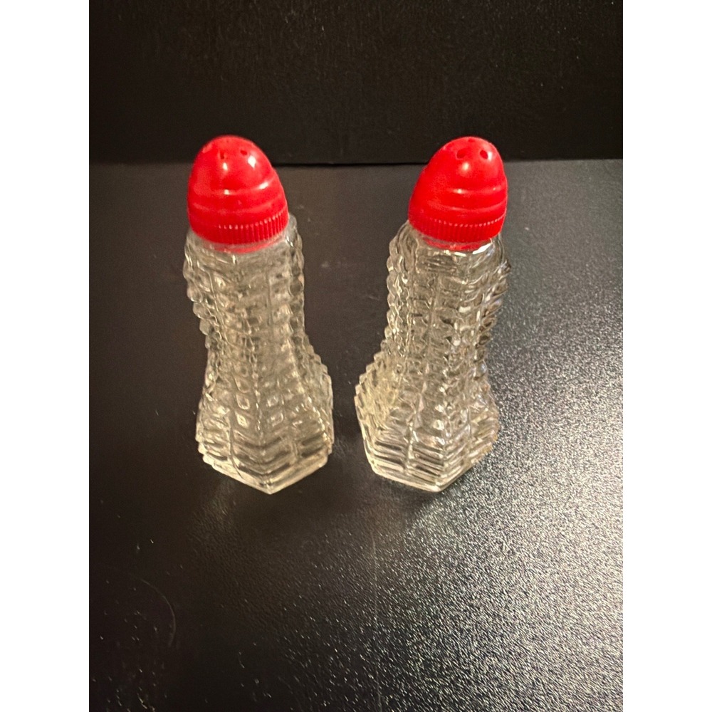 Vintage Clear Glass Salt & Pepper Shakers Set Hexagon Art‎ Deco Style Red Screw